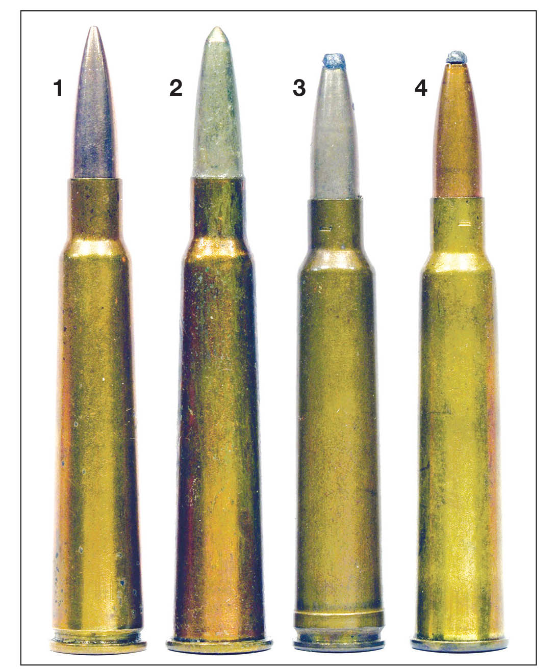The .280 Ross inspired cartridge development by other London gunmakers. Examples include the (1) .280 Ross,  (2) .280 Magnum (Rimmed Ross), (3) .275 Holland & Holland and the (4) .275 H&H Rimmed.